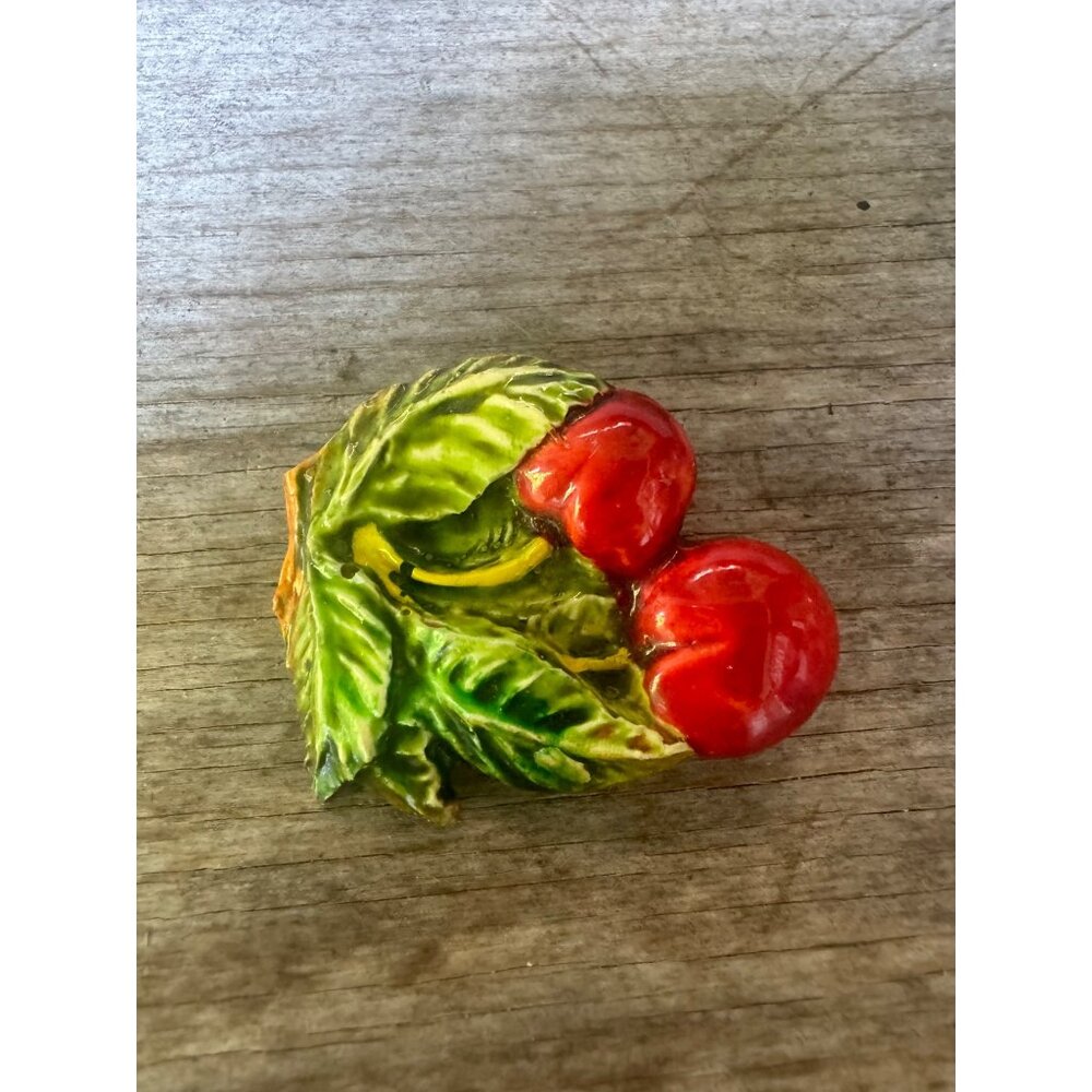 Vintage Ceramic Cherry And Leaf Pin Brooch